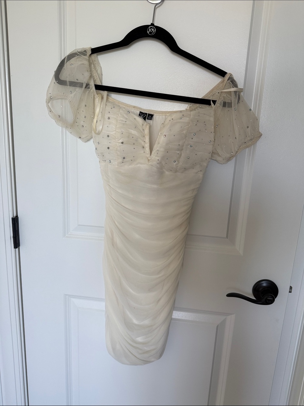 Windsor Ivory Off-Shoulder Midi Dress with Sheer Puff Sleeves
